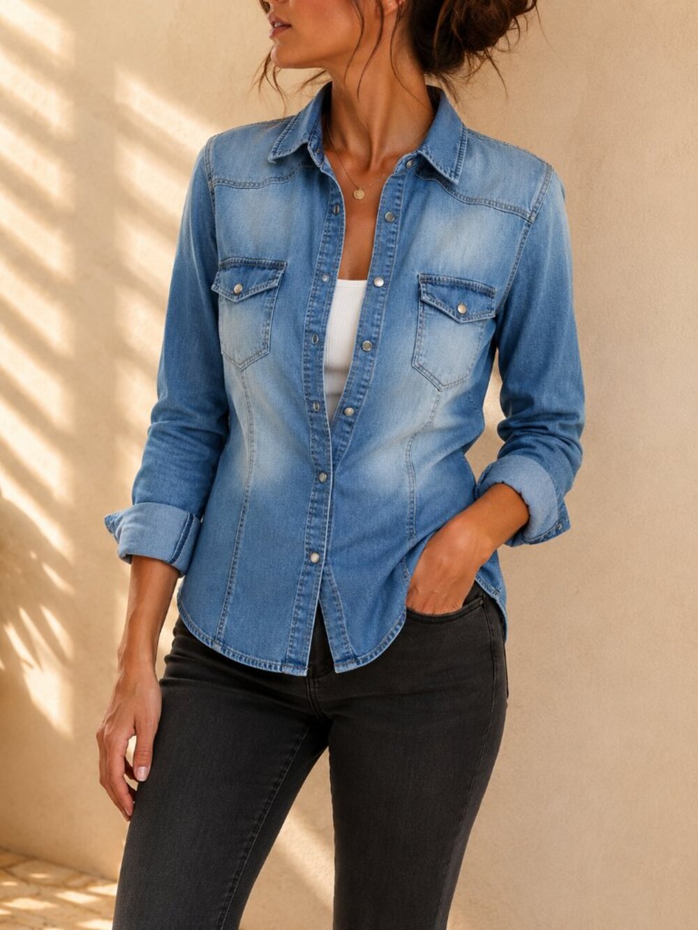 💙 2 for $20 💙 Tattoo Vintage Inspired Denim Shirt Light Wash Blue (Women’s L)